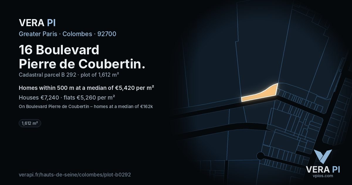 16 Boulevard Pierre de Coubertin, Colombes at night – the plot lit, the parcels around coloured by the prices near them