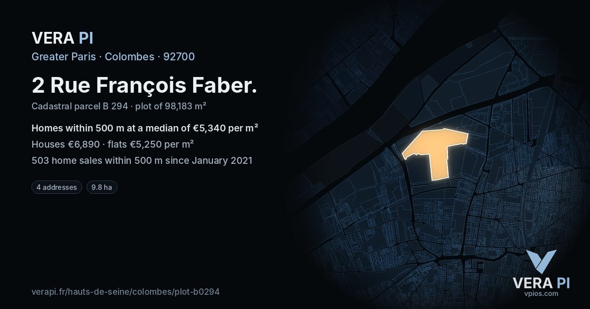 2 Rue François Faber, Colombes at night – the plot lit, the parcels around coloured by the prices near them