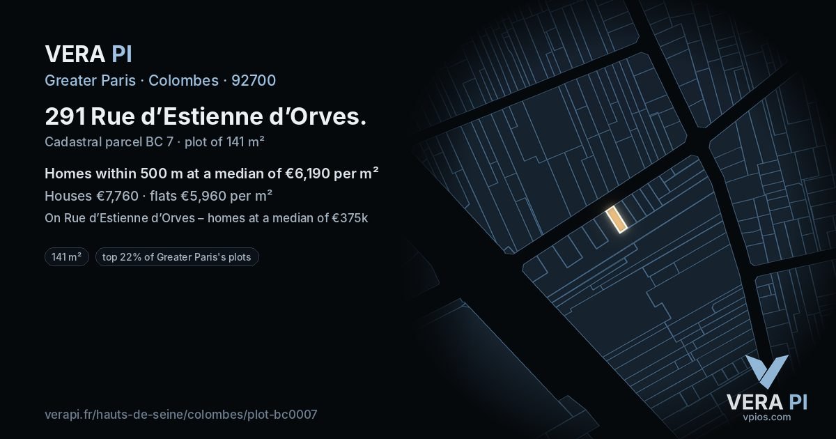 291 Rue d’Estienne d’Orves, Colombes at night – the plot lit, the parcels around coloured by the prices near them
