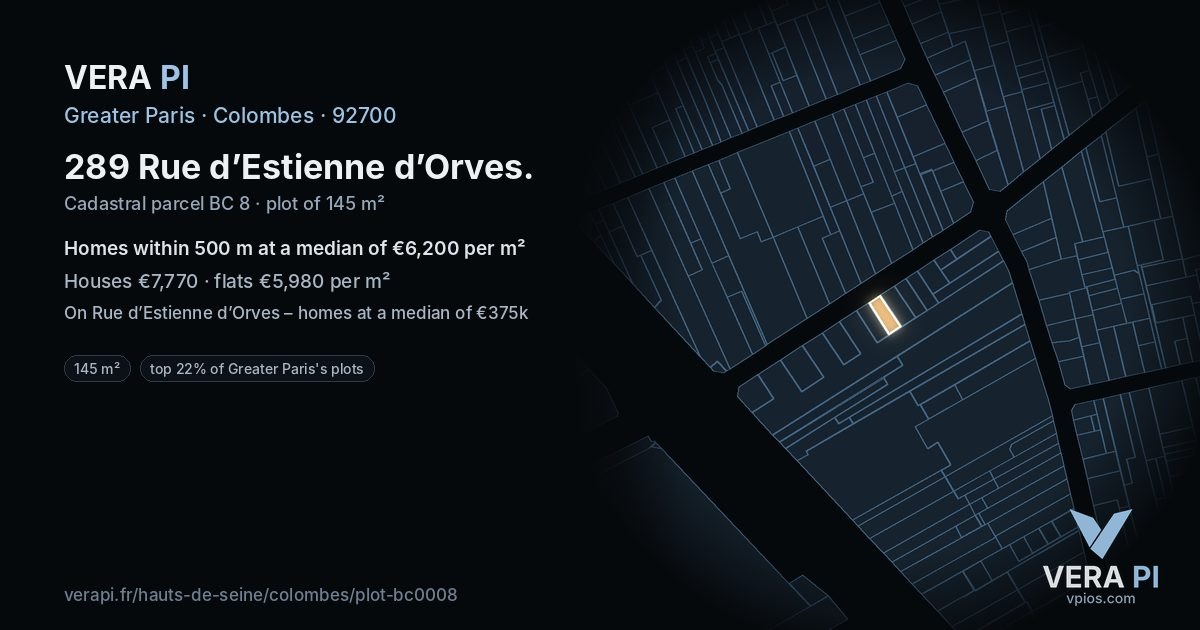 289 Rue d’Estienne d’Orves, Colombes at night – the plot lit, the parcels around coloured by the prices near them