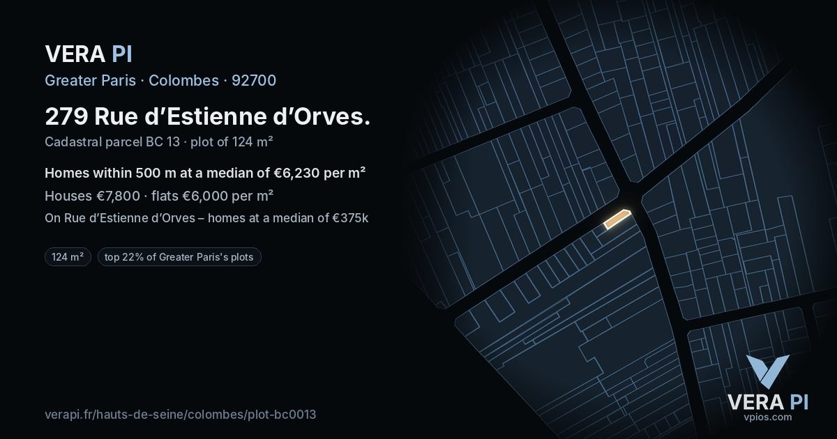 279 Rue d’Estienne d’Orves, Colombes at night – the plot lit, the parcels around coloured by the prices near them