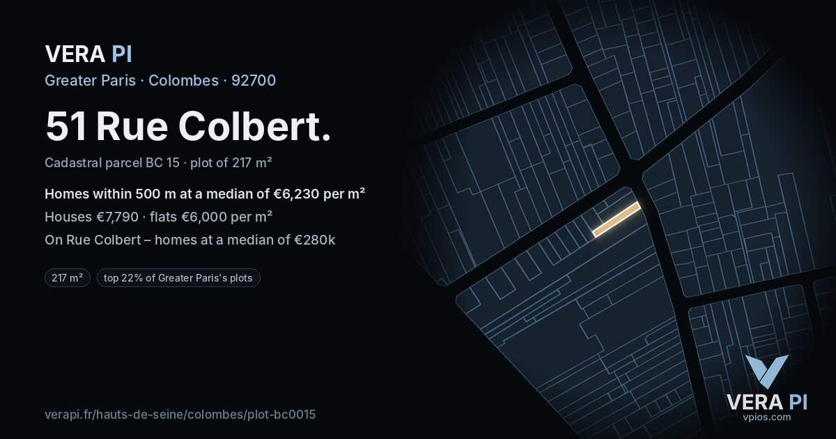 51 Rue Colbert, Colombes at night – the plot lit, the parcels around coloured by the prices near them