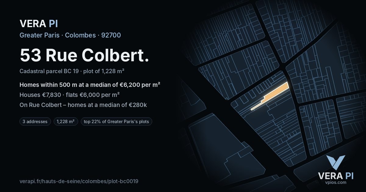 53 Rue Colbert, Colombes at night – the plot lit, the parcels around coloured by the prices near them