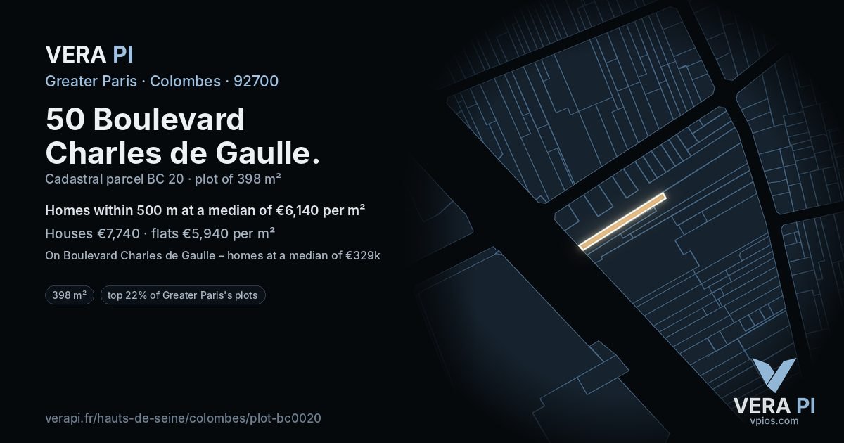 50 Boulevard Charles de Gaulle, Colombes at night – the plot lit, the parcels around coloured by the prices near them