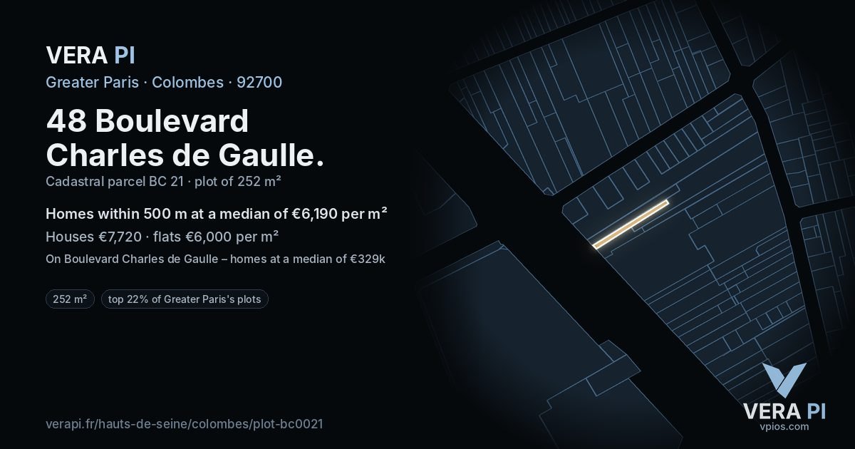 48 Boulevard Charles de Gaulle, Colombes at night – the plot lit, the parcels around coloured by the prices near them