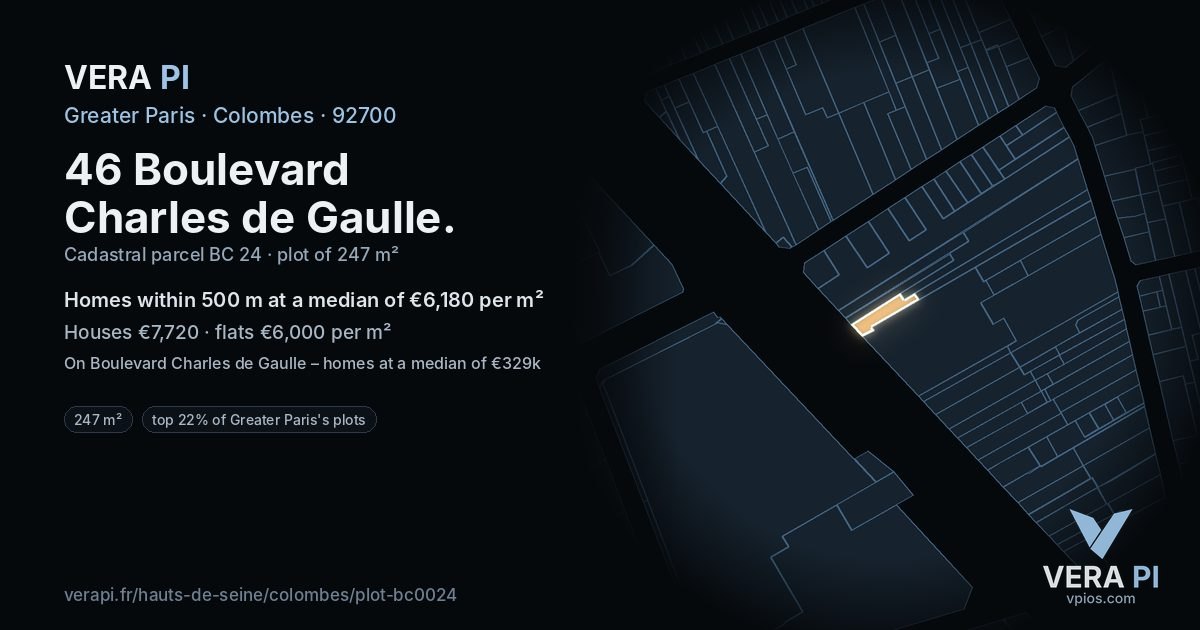 46 Boulevard Charles de Gaulle, Colombes at night – the plot lit, the parcels around coloured by the prices near them