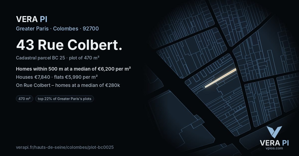 43 Rue Colbert, Colombes at night – the plot lit, the parcels around coloured by the prices near them