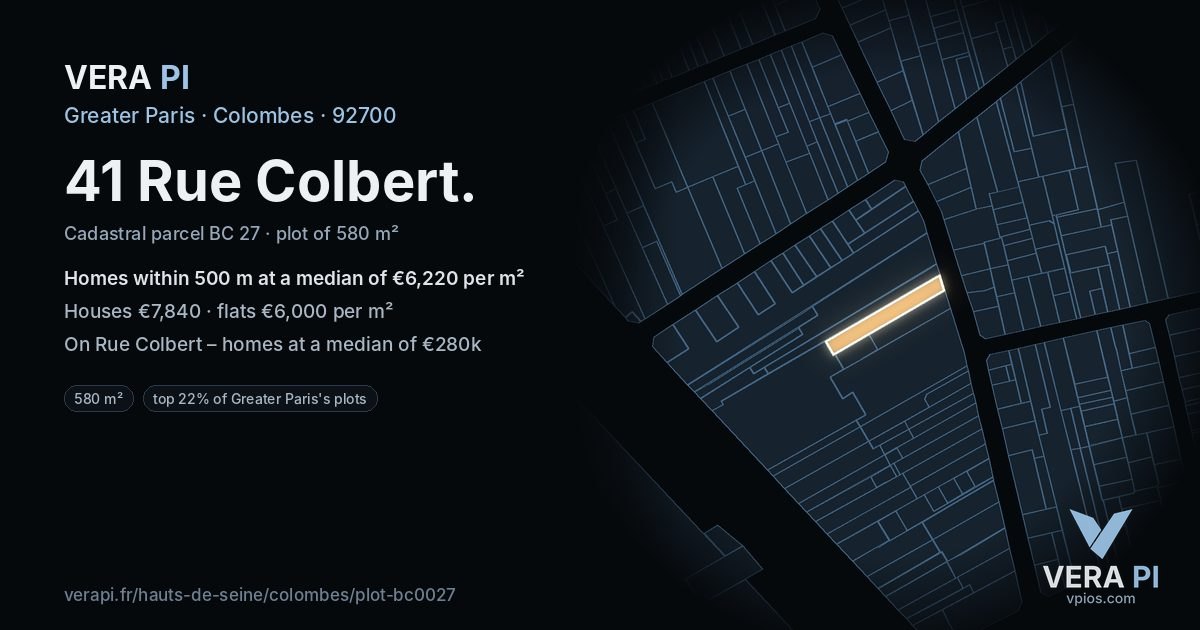 41 Rue Colbert, Colombes at night – the plot lit, the parcels around coloured by the prices near them