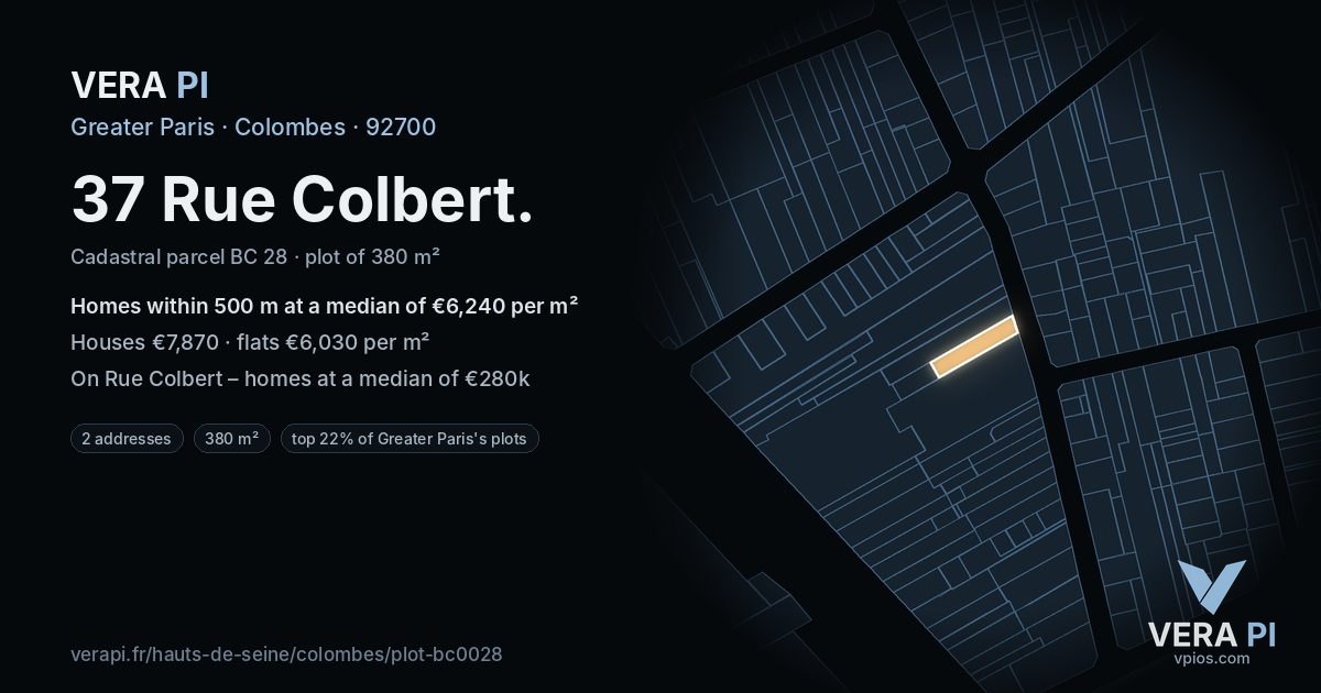 37 Rue Colbert, Colombes at night – the plot lit, the parcels around coloured by the prices near them