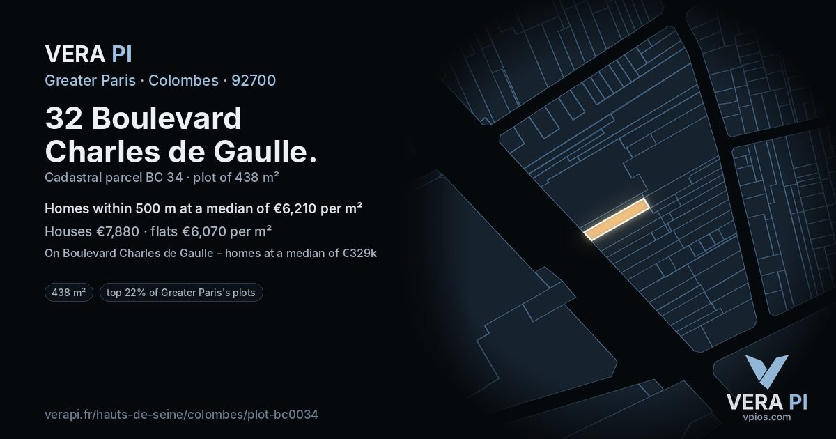 32 Boulevard Charles de Gaulle, Colombes at night – the plot lit, the parcels around coloured by the prices near them