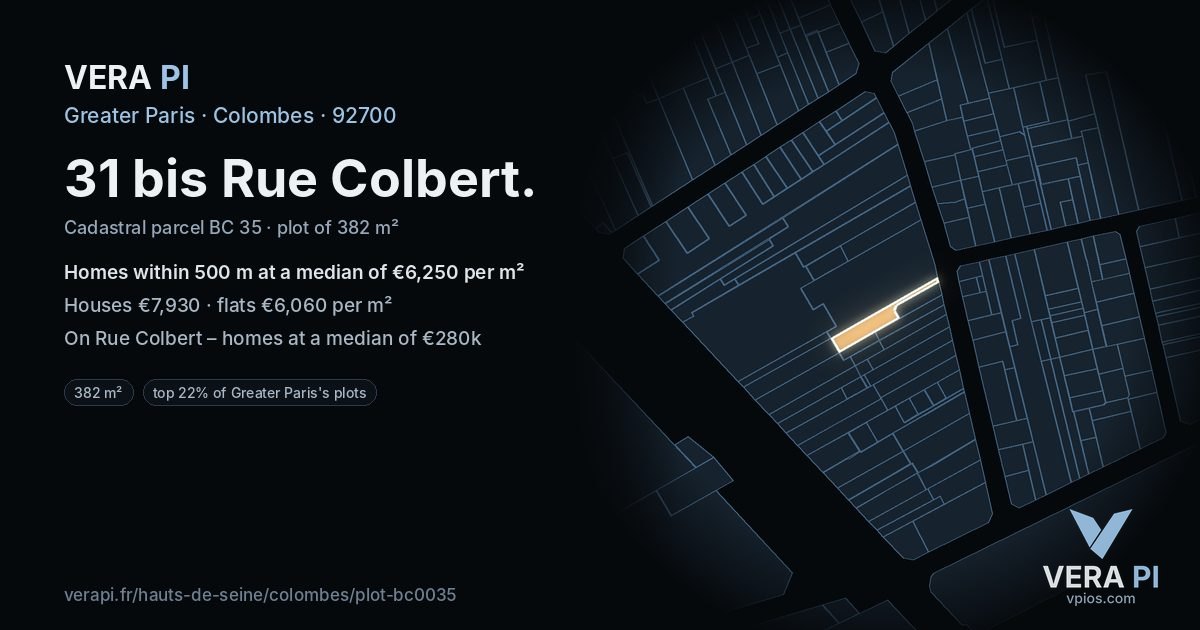 31 bis Rue Colbert, Colombes at night – the plot lit, the parcels around coloured by the prices near them
