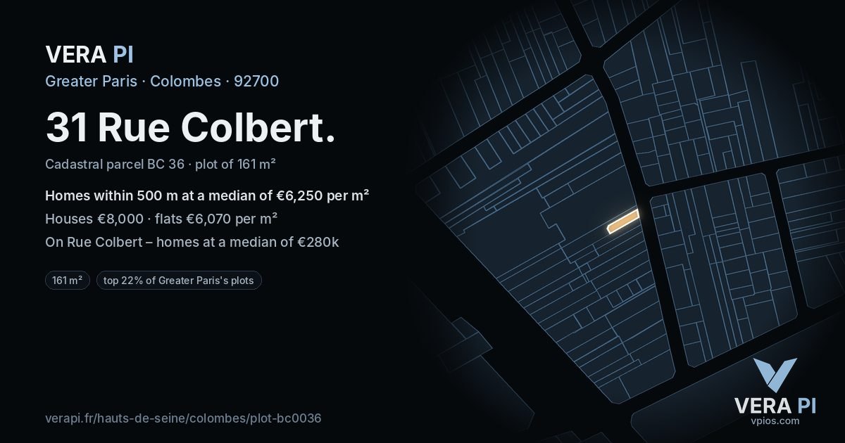31 Rue Colbert, Colombes at night – the plot lit, the parcels around coloured by the prices near them
