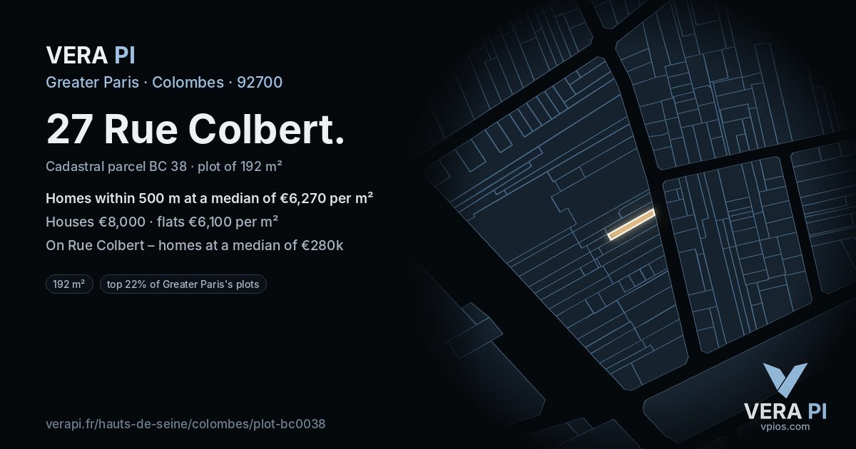 27 Rue Colbert, Colombes at night – the plot lit, the parcels around coloured by the prices near them