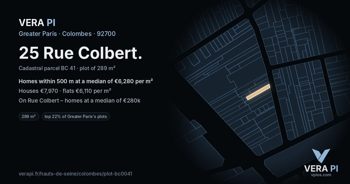 25 Rue Colbert, Colombes at night – the plot lit, the parcels around coloured by the prices near them