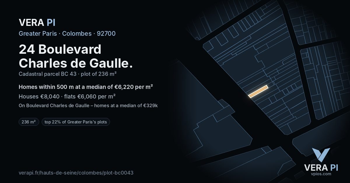 24 Boulevard Charles de Gaulle, Colombes at night – the plot lit, the parcels around coloured by the prices near them