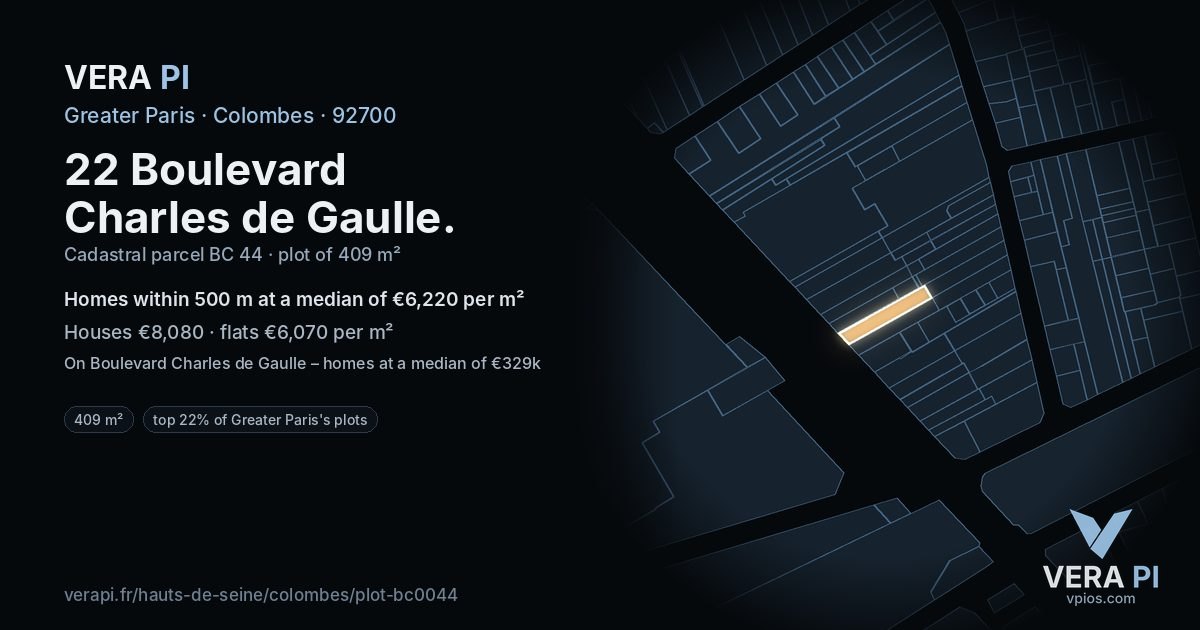 22 Boulevard Charles de Gaulle, Colombes at night – the plot lit, the parcels around coloured by the prices near them