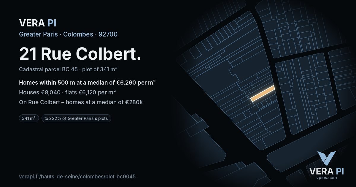 21 Rue Colbert, Colombes at night – the plot lit, the parcels around coloured by the prices near them