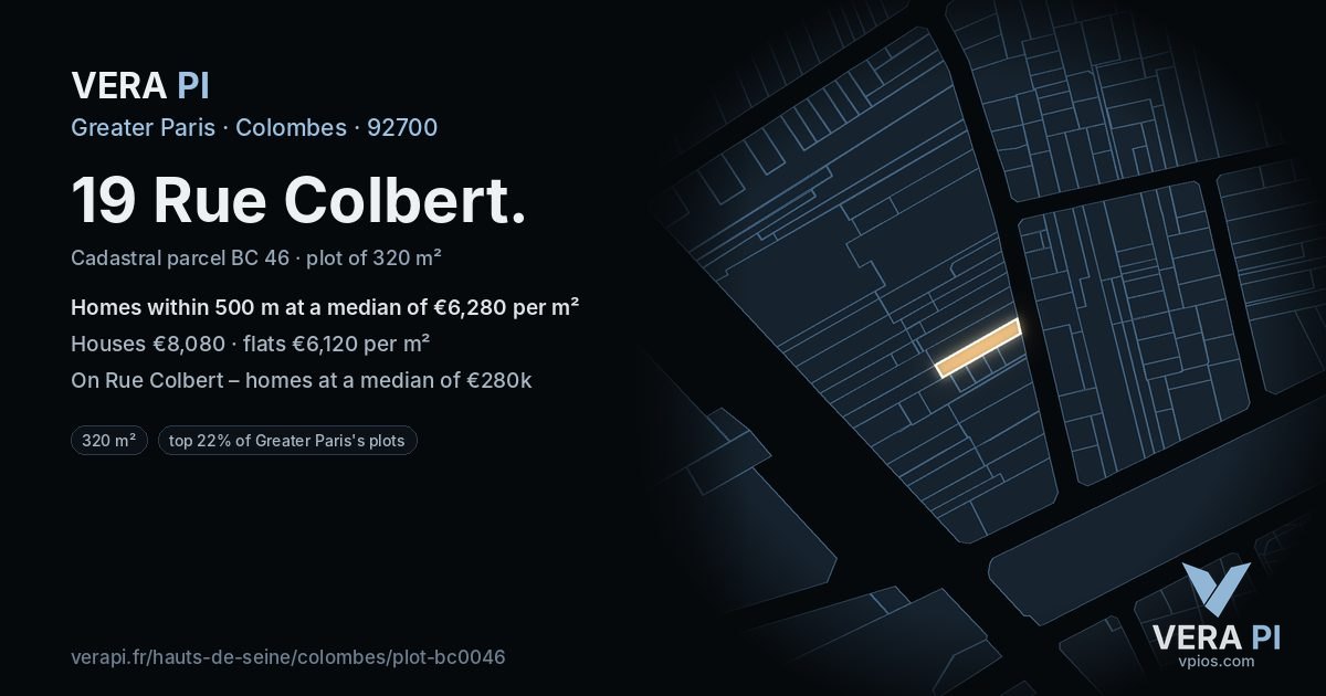 19 Rue Colbert, Colombes at night – the plot lit, the parcels around coloured by the prices near them