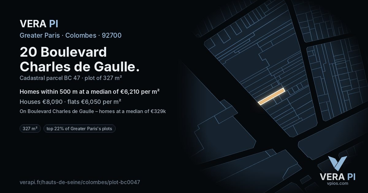 20 Boulevard Charles de Gaulle, Colombes at night – the plot lit, the parcels around coloured by the prices near them