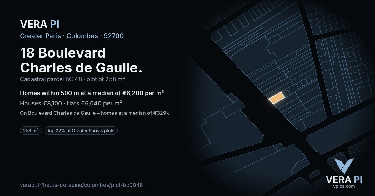 18 Boulevard Charles de Gaulle, Colombes at night – the plot lit, the parcels around coloured by the prices near them