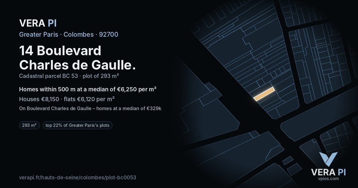 14 Boulevard Charles de Gaulle, Colombes at night – the plot lit, the parcels around coloured by the prices near them