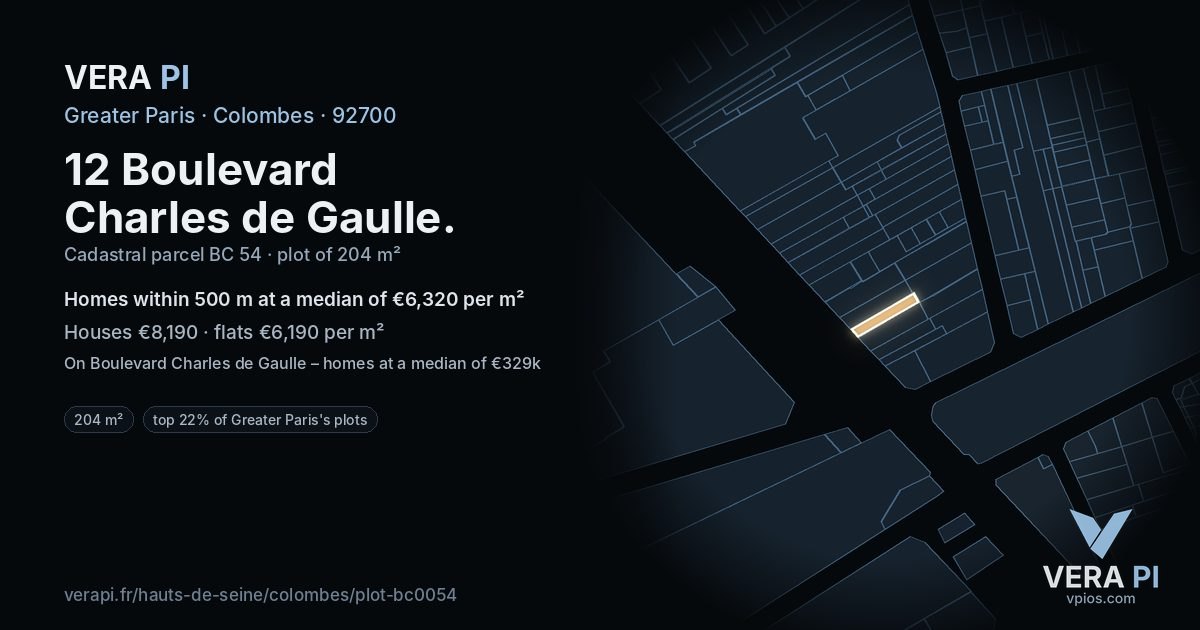 12 Boulevard Charles de Gaulle, Colombes at night – the plot lit, the parcels around coloured by the prices near them