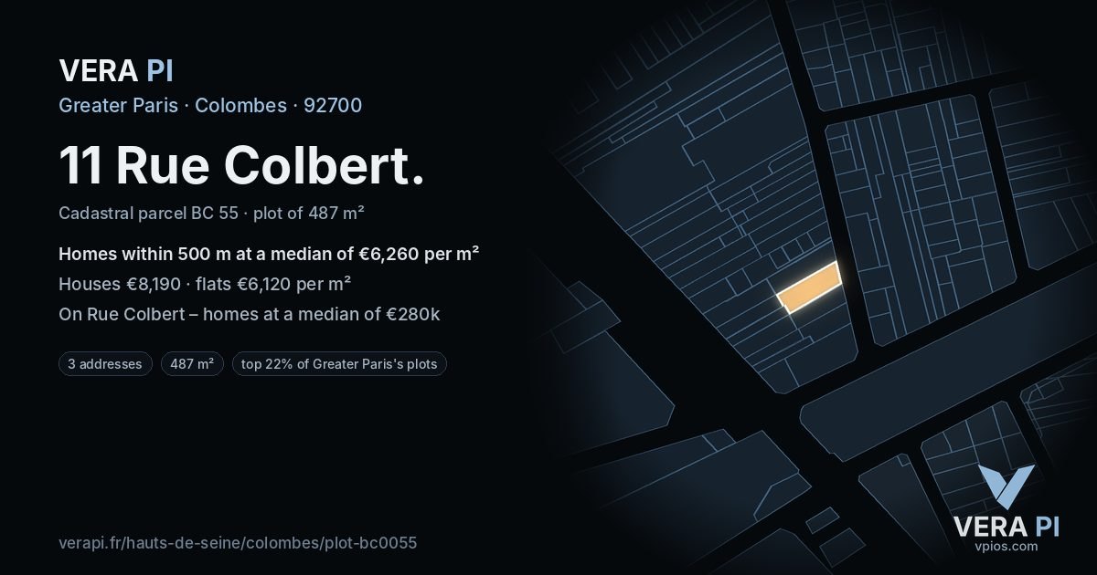 11 Rue Colbert, Colombes at night – the plot lit, the parcels around coloured by the prices near them