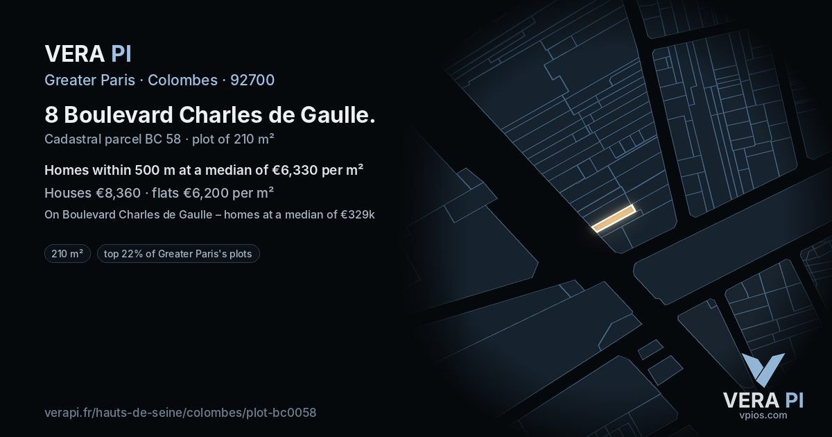 8 Boulevard Charles de Gaulle, Colombes at night – the plot lit, the parcels around coloured by the prices near them