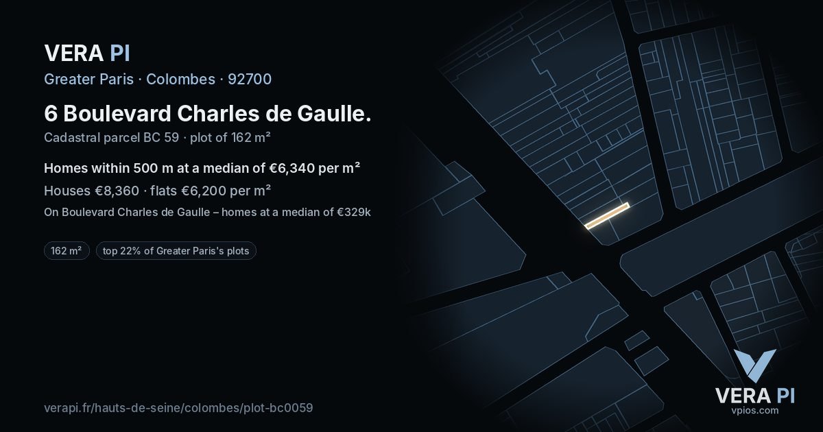6 Boulevard Charles de Gaulle, Colombes at night – the plot lit, the parcels around coloured by the prices near them