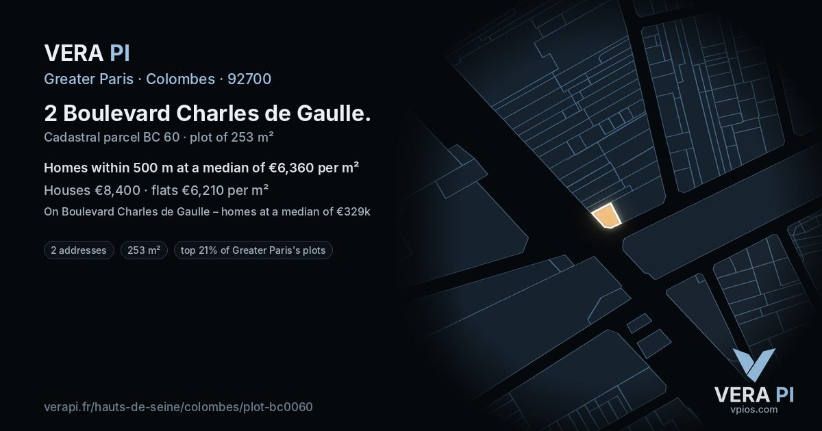2 Boulevard Charles de Gaulle, Colombes at night – the plot lit, the parcels around coloured by the prices near them