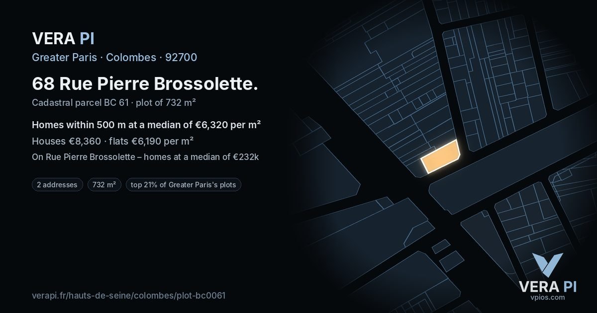 68 Rue Pierre Brossolette, Colombes at night – the plot lit, the parcels around coloured by the prices near them