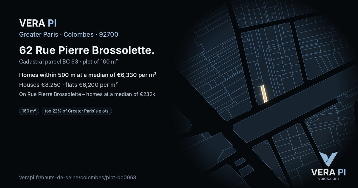 62 Rue Pierre Brossolette, Colombes at night – the plot lit, the parcels around coloured by the prices near them