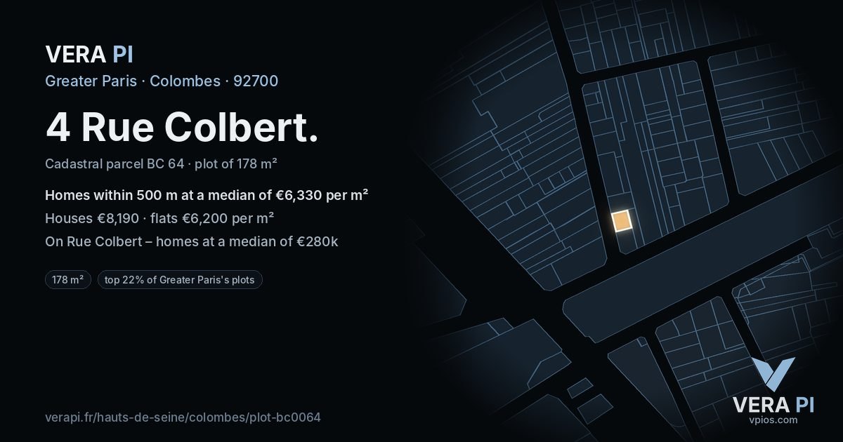 4 Rue Colbert, Colombes at night – the plot lit, the parcels around coloured by the prices near them