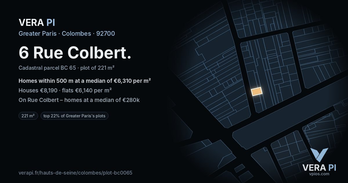 6 Rue Colbert, Colombes at night – the plot lit, the parcels around coloured by the prices near them