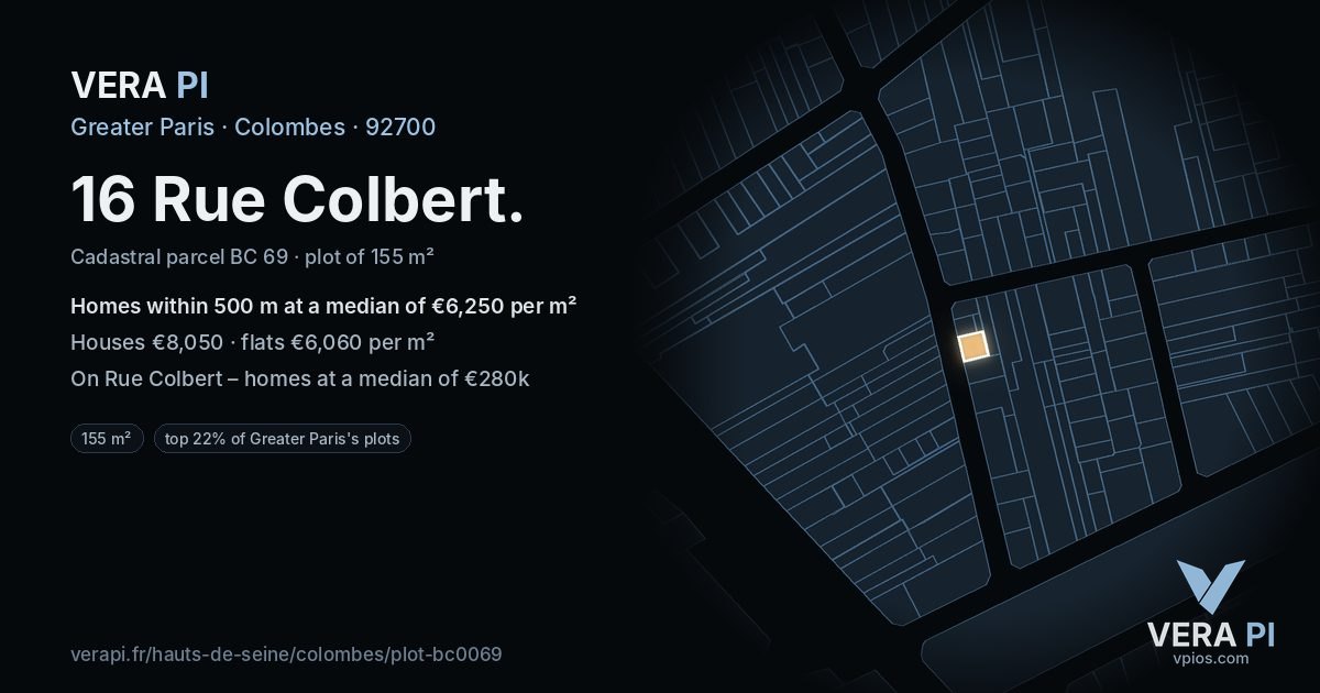 16 Rue Colbert, Colombes at night – the plot lit, the parcels around coloured by the prices near them