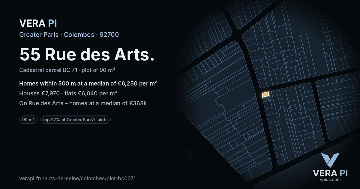 55 Rue des Arts, Colombes at night – the plot lit, the parcels around coloured by the prices near them