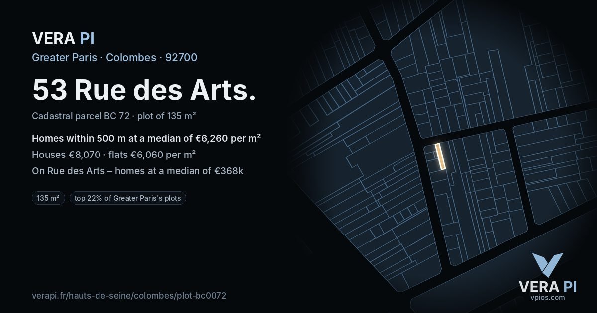53 Rue des Arts, Colombes at night – the plot lit, the parcels around coloured by the prices near them