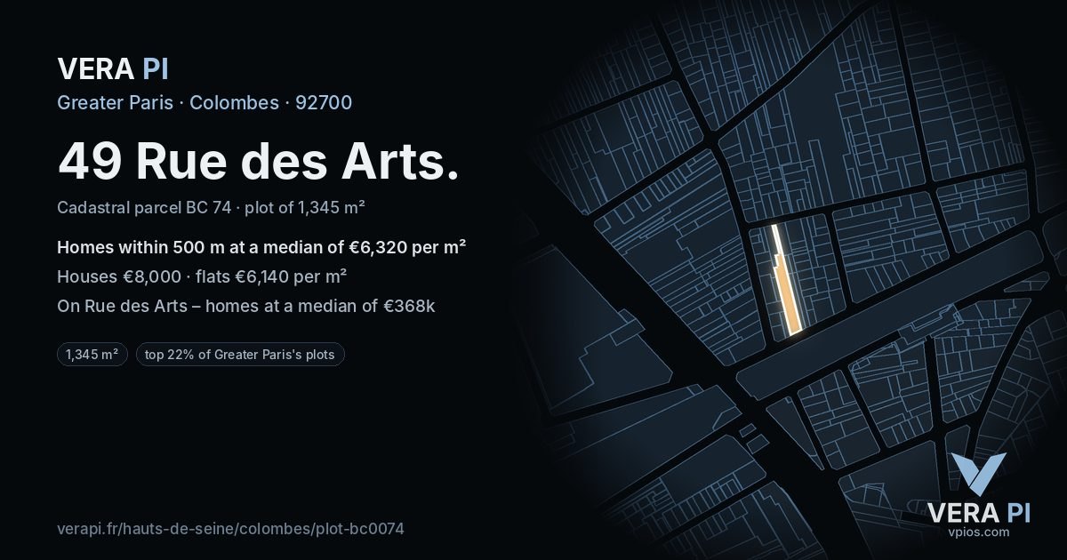 49 Rue des Arts, Colombes at night – the plot lit, the parcels around coloured by the prices near them