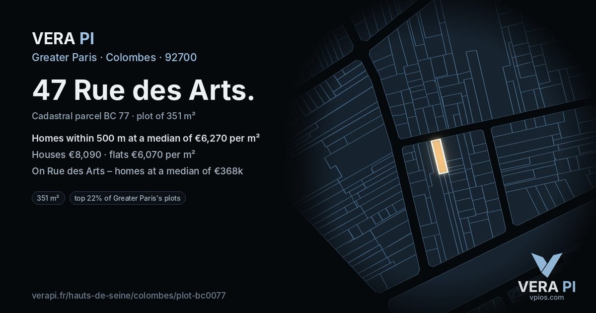 47 Rue des Arts, Colombes at night – the plot lit, the parcels around coloured by the prices near them