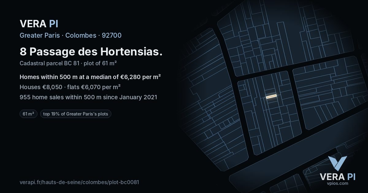 8 Passage des Hortensias, Colombes at night – the plot lit, the parcels around coloured by the prices near them