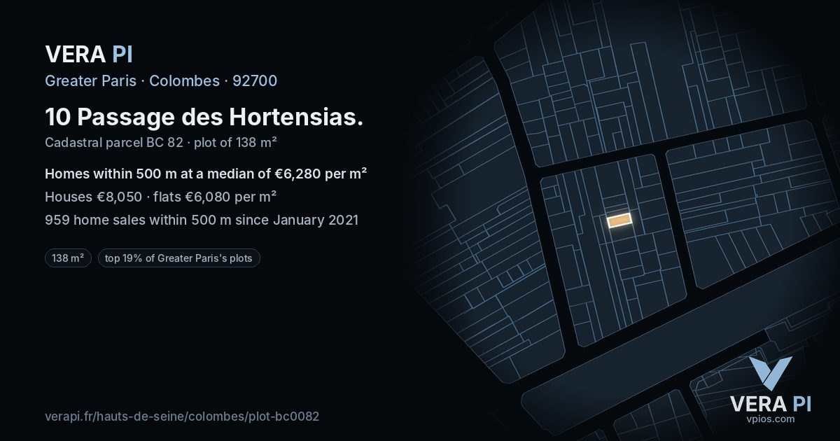 10 Passage des Hortensias, Colombes at night – the plot lit, the parcels around coloured by the prices near them