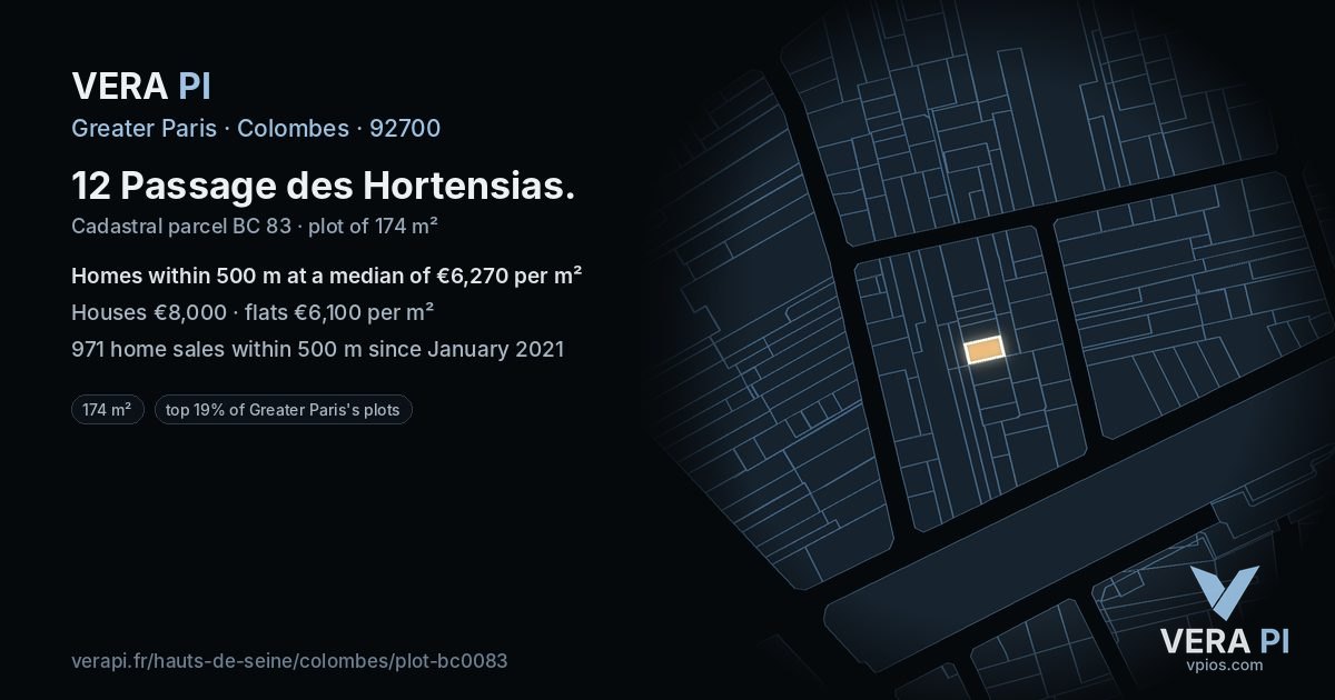 12 Passage des Hortensias, Colombes at night – the plot lit, the parcels around coloured by the prices near them