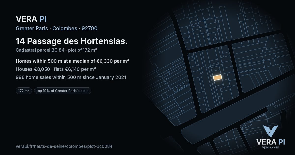 14 Passage des Hortensias, Colombes at night – the plot lit, the parcels around coloured by the prices near them