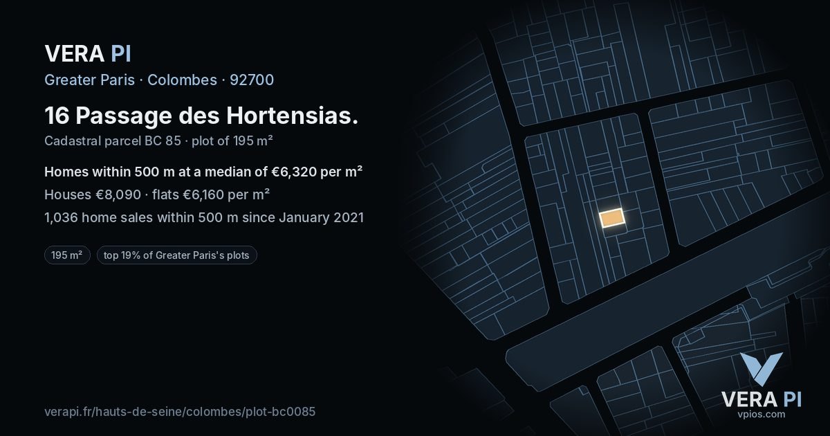 16 Passage des Hortensias, Colombes at night – the plot lit, the parcels around coloured by the prices near them