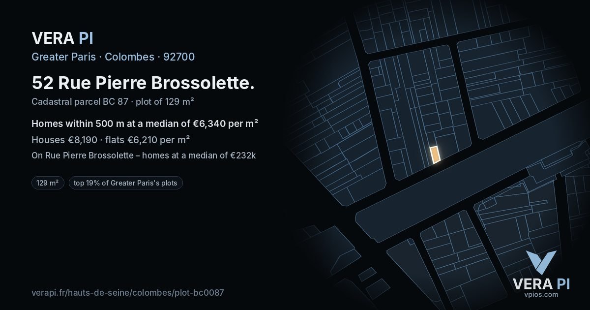 52 Rue Pierre Brossolette, Colombes at night – the plot lit, the parcels around coloured by the prices near them