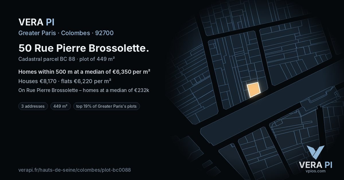 50 Rue Pierre Brossolette, Colombes at night – the plot lit, the parcels around coloured by the prices near them