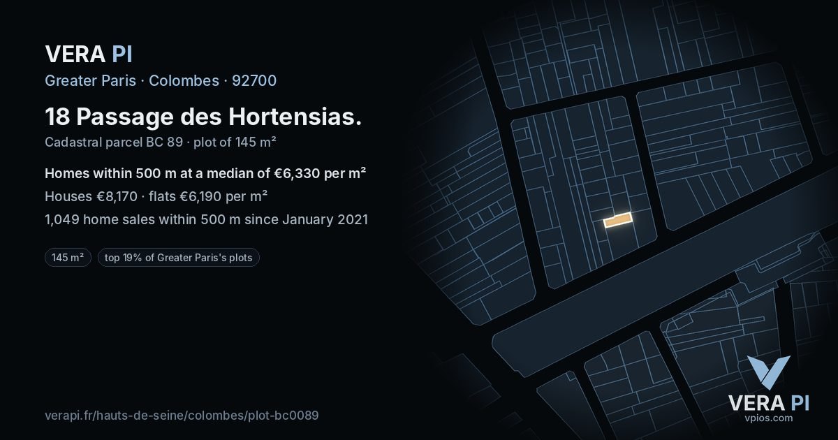 18 Passage des Hortensias, Colombes at night – the plot lit, the parcels around coloured by the prices near them