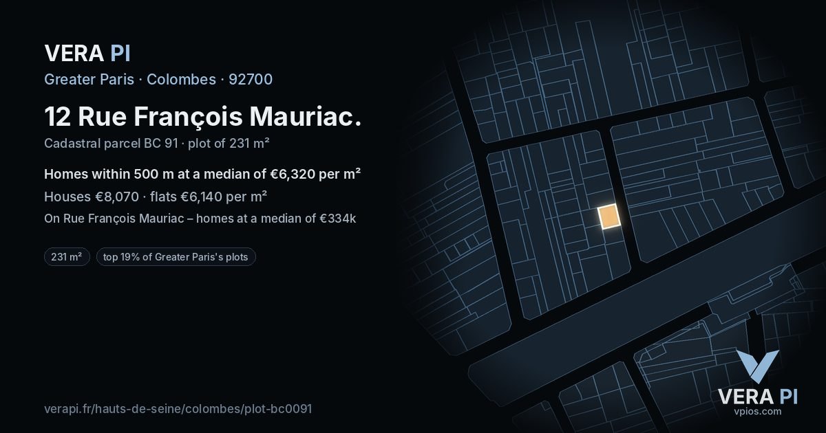 12 Rue François Mauriac, Colombes at night – the plot lit, the parcels around coloured by the prices near them