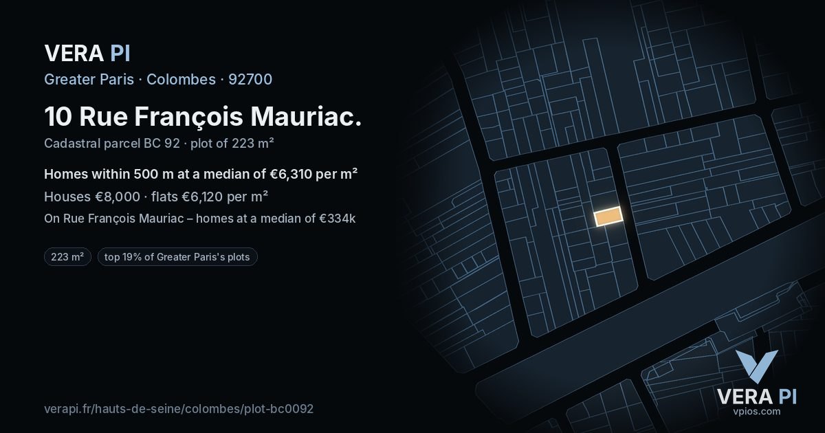 10 Rue François Mauriac, Colombes at night – the plot lit, the parcels around coloured by the prices near them