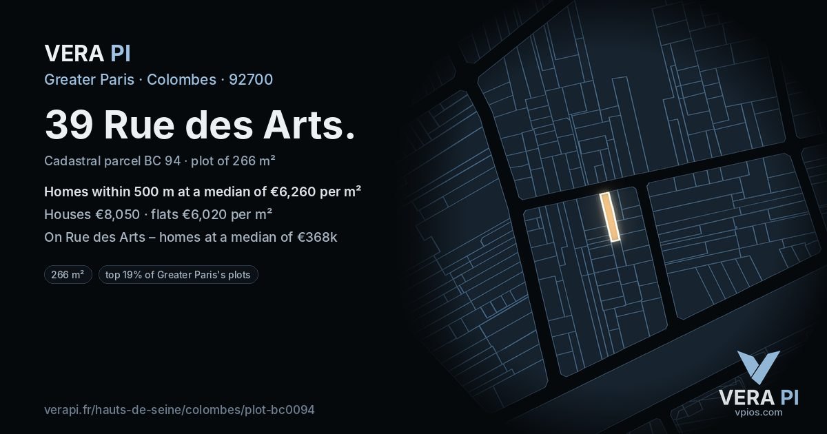 39 Rue des Arts, Colombes at night – the plot lit, the parcels around coloured by the prices near them